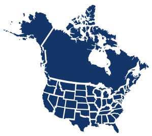 A dark blue map of the United States with individual states outlined and Canada.