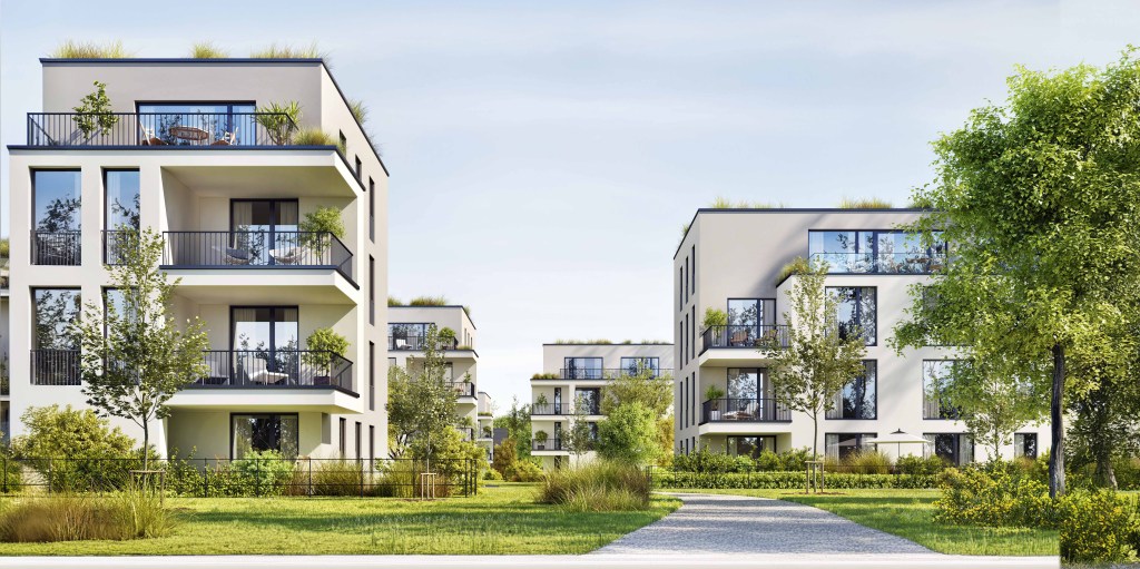 Modern, multi-story apartment buildings with large windows and balconies with plants form a stunning complex. The buildings are surrounded by well-maintained green spaces, trees, and neatly paved walkways under a clear blue sky.
