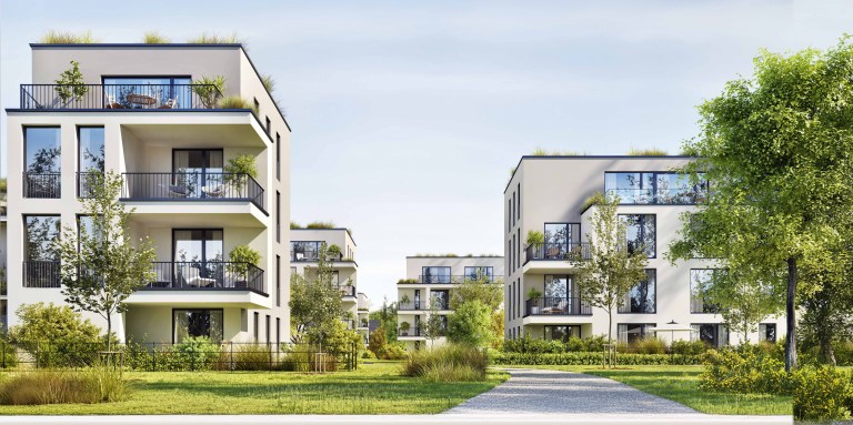 Modern, multi-story apartment buildings with large windows and balconies with plants form a stunning complex. The buildings are surrounded by well-maintained green spaces, trees, and neatly paved walkways under a clear blue sky.