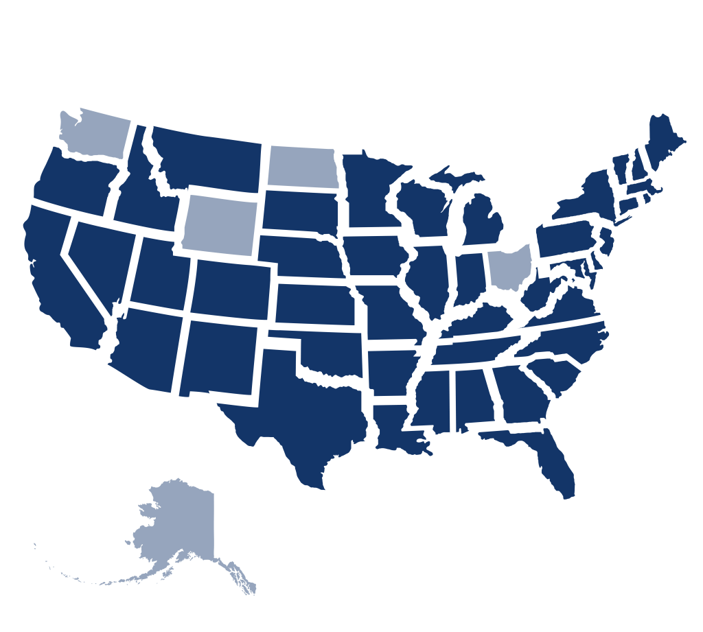 A stylized, navy blue map of the contiguous United States, showing state borders. Alaska, Washington, Wyoming, North Dakota, and Ohio are not included in the map.
